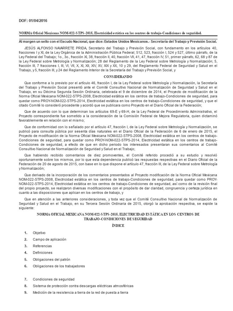 NOM-022-STPS-2015: Seguridad Eléctrica | PDF | Descarga electrostática ...