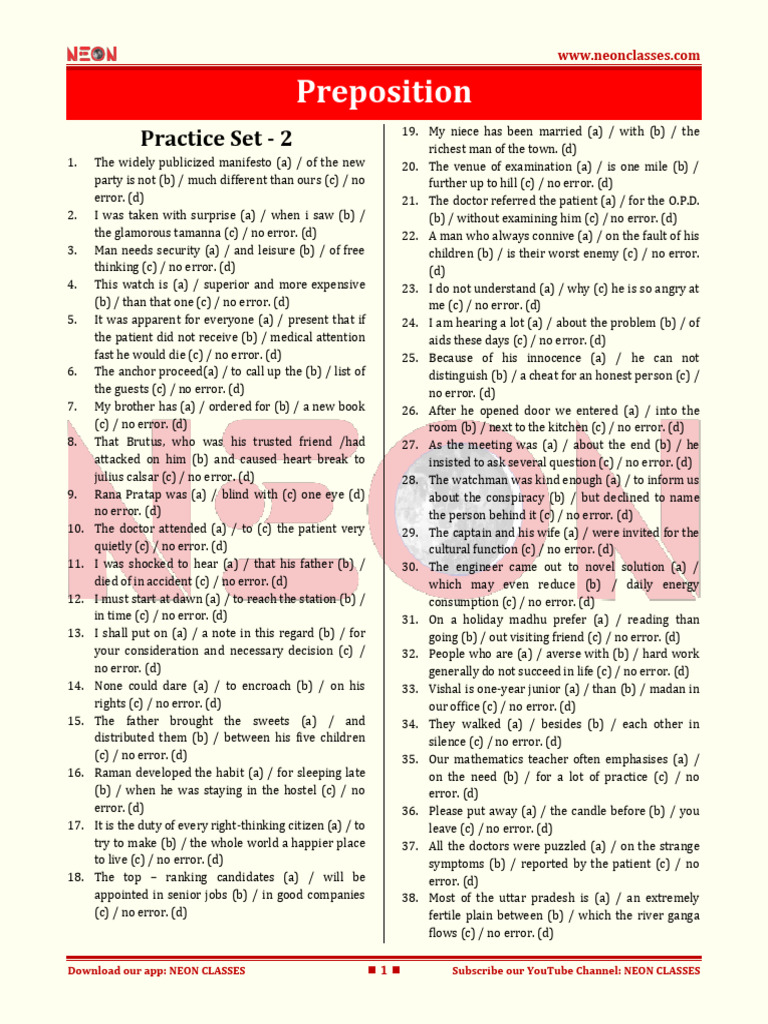 Preposition Error Practice Set 2 | PDF
