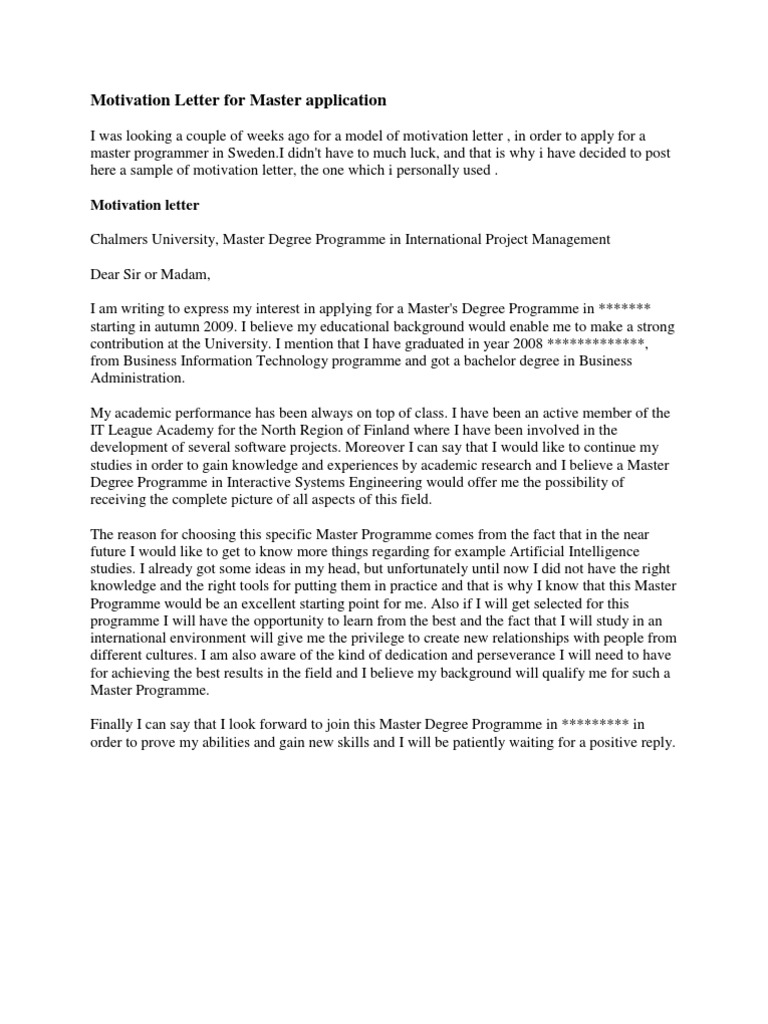 Sample Motivation Letter for Master's Degree | PDF | Economics ...