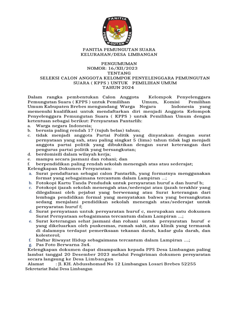Pengumuman & Form Pendaftaran Kpps | PDF