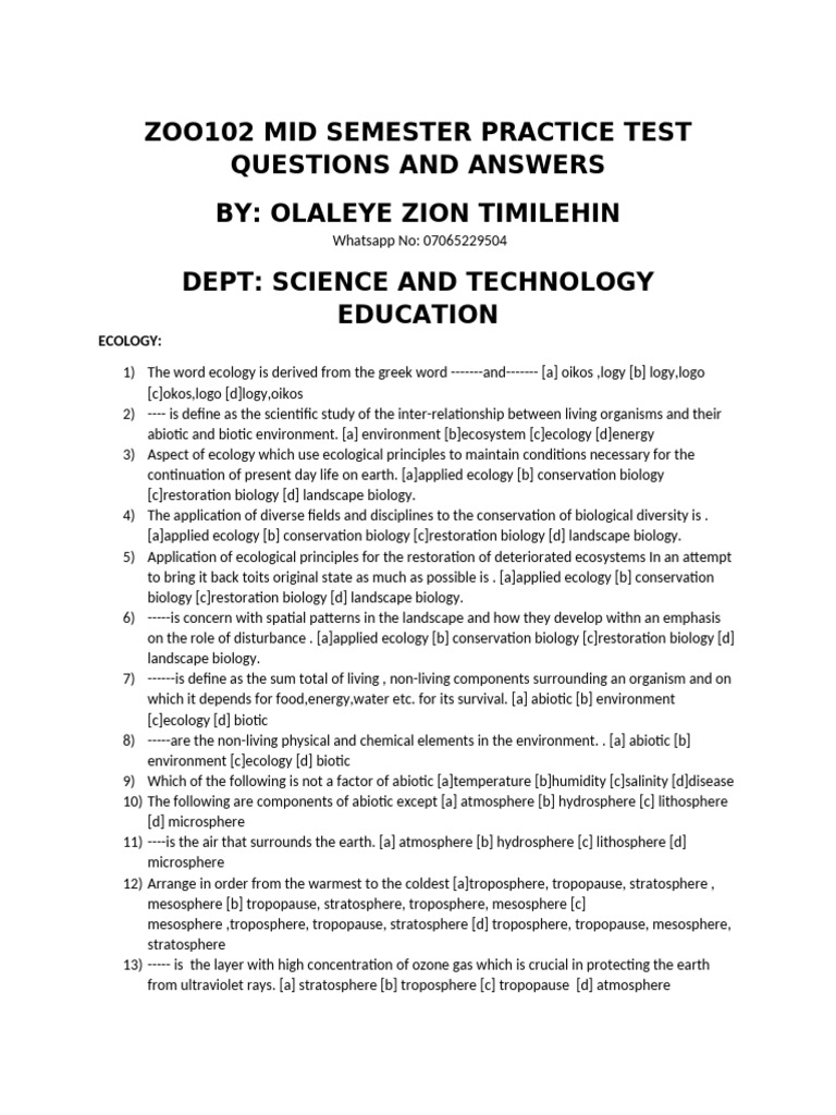 Zoo102 Mid Semester Practice Test Questions and Answer | PDF ...