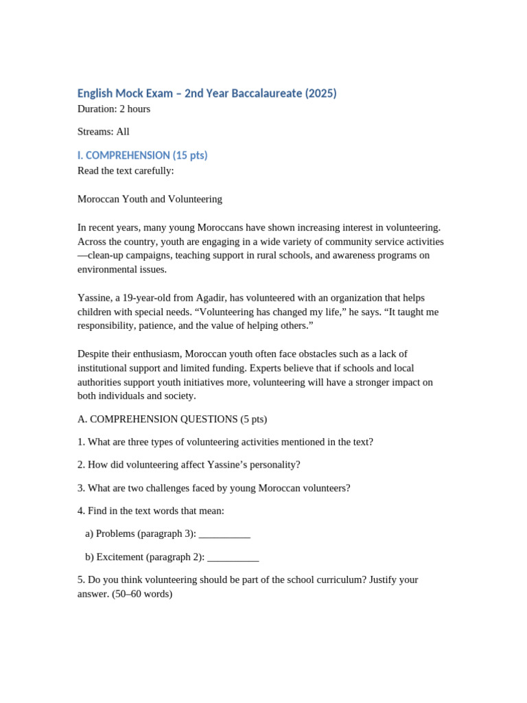 English Mock Exam for Bac 2025 | PDF | Volunteering