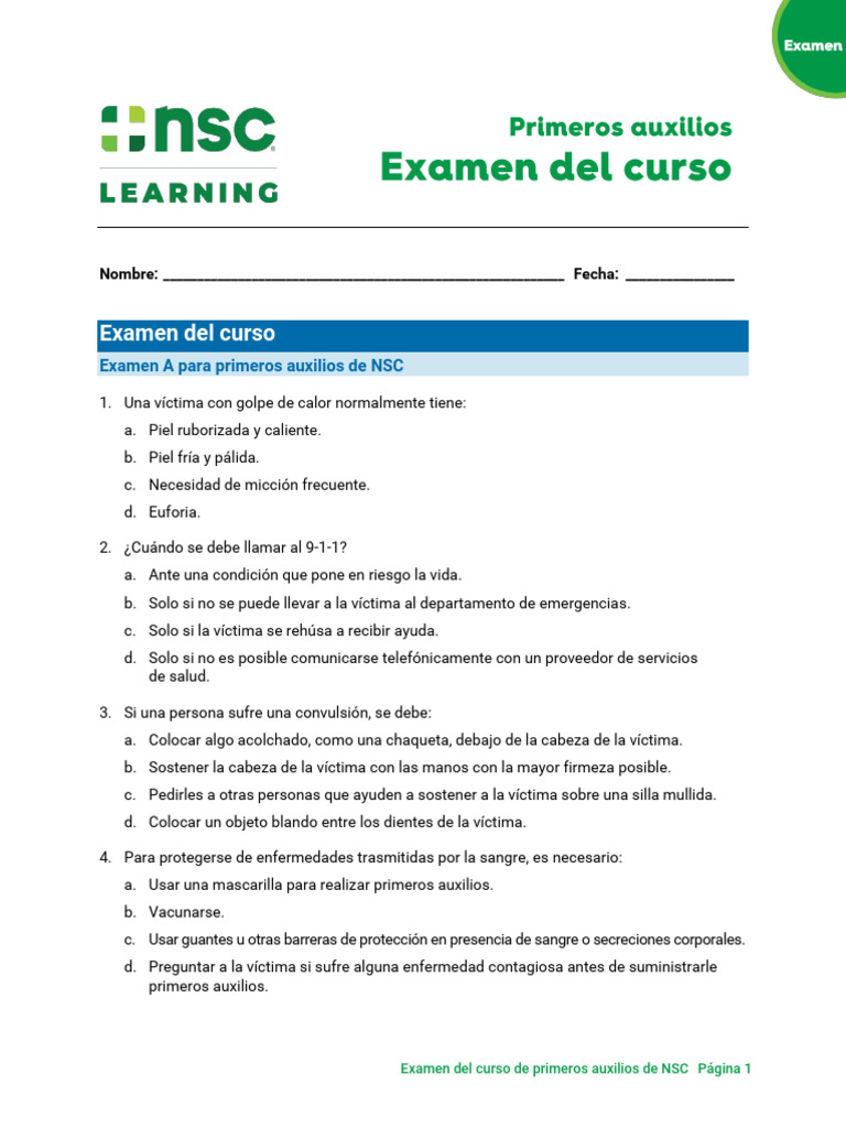 Examen de Primeros Auxilios NSC | PDF | Reanimación cardiopulmonar ...