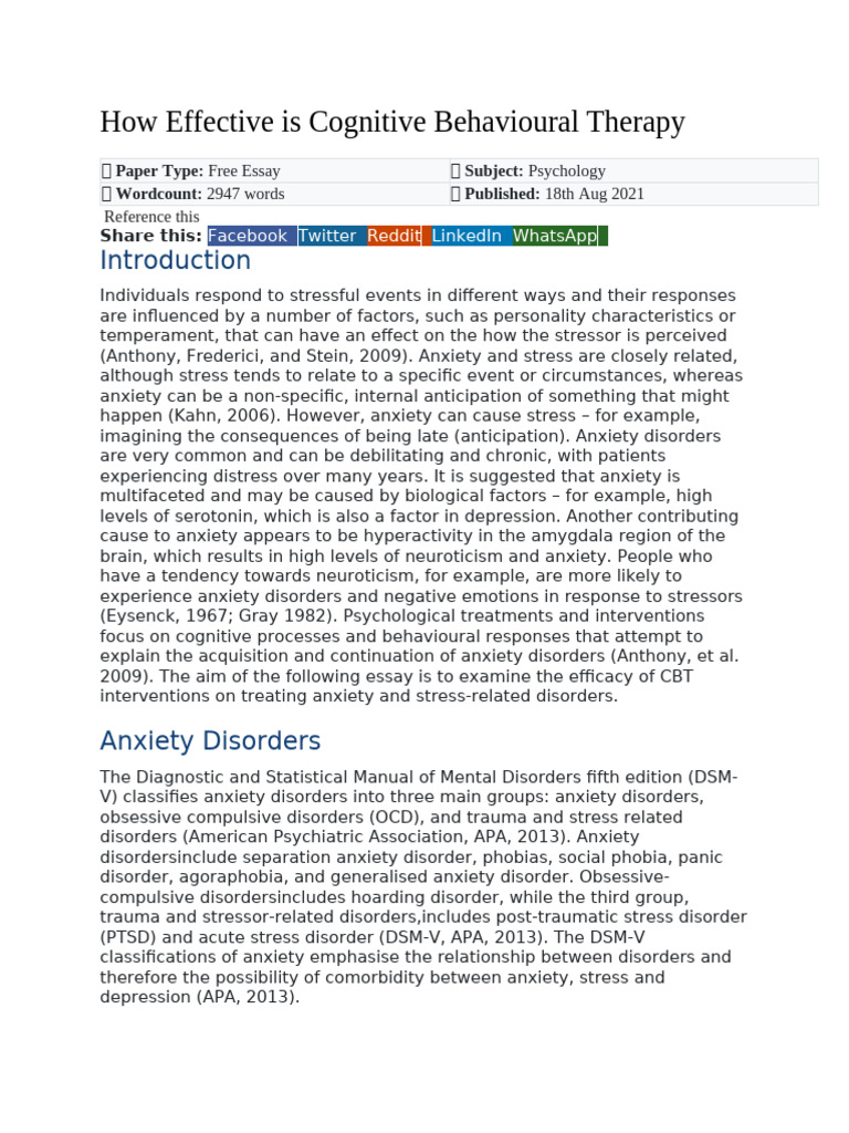 Efficacy of CBT for Anxiety Disorders | PDF | Cognitive Behavioral ...