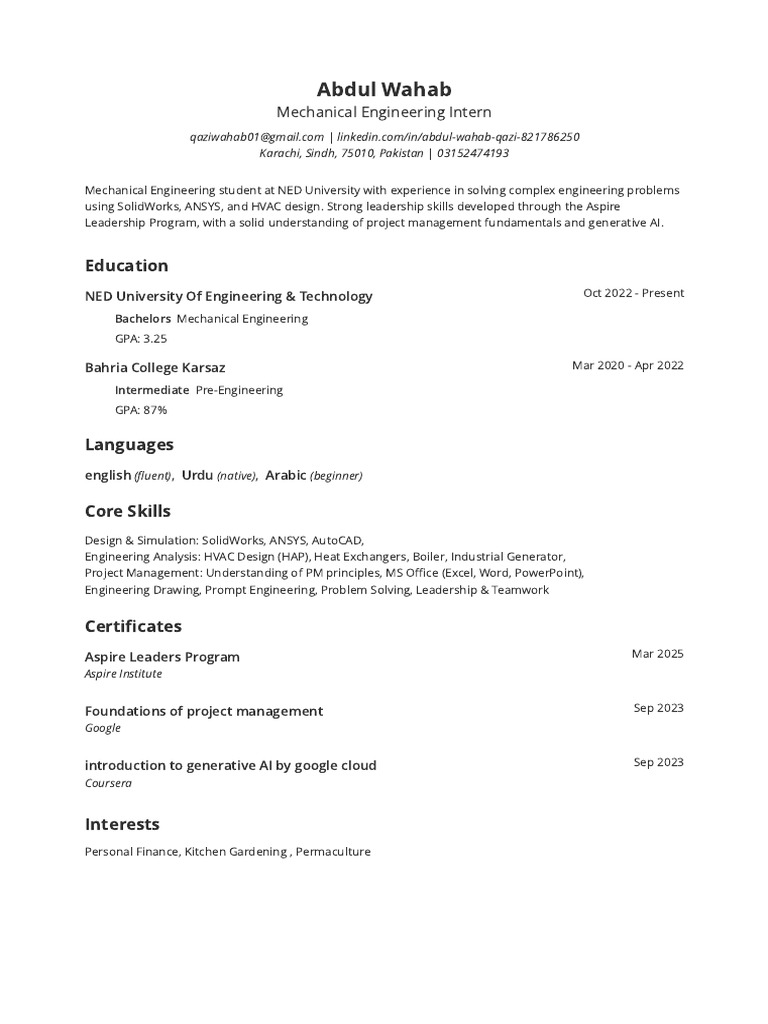 Abdul Wahab - Mechanical Engineering Intern Resume | PDF