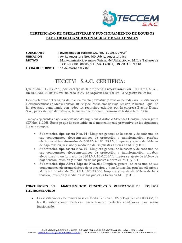 Certificado de Operatividad Electromecánica | PDF | Electrónica ...