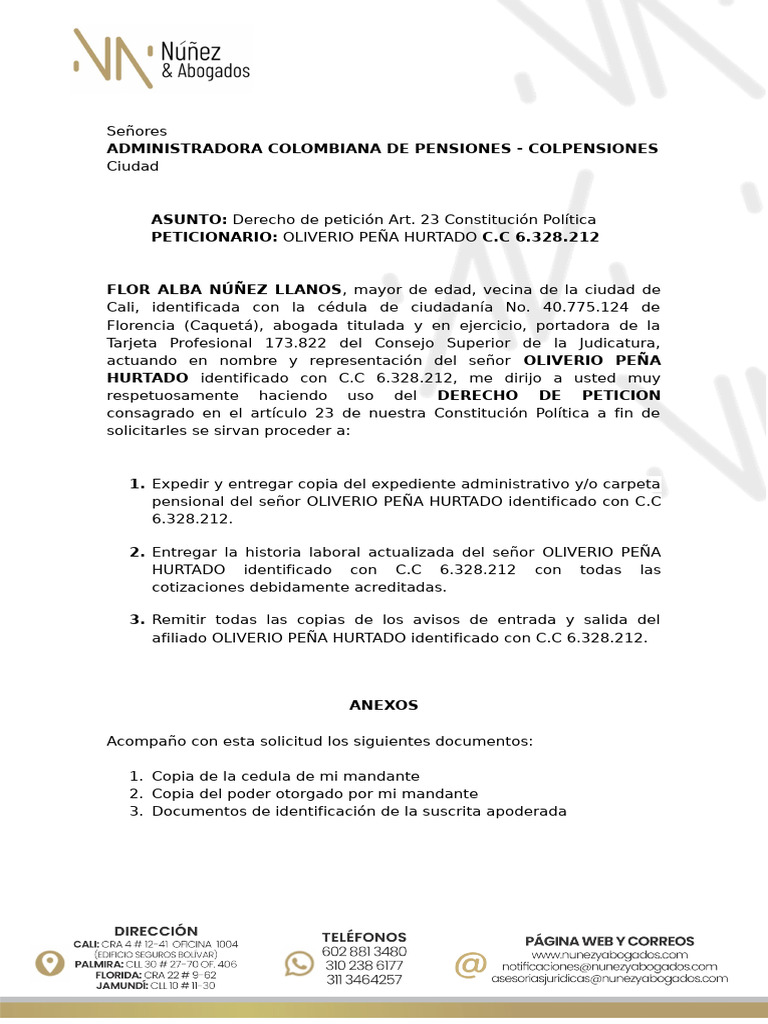 Solicitud de Derecho de Petición a Colpensiones | PDF
