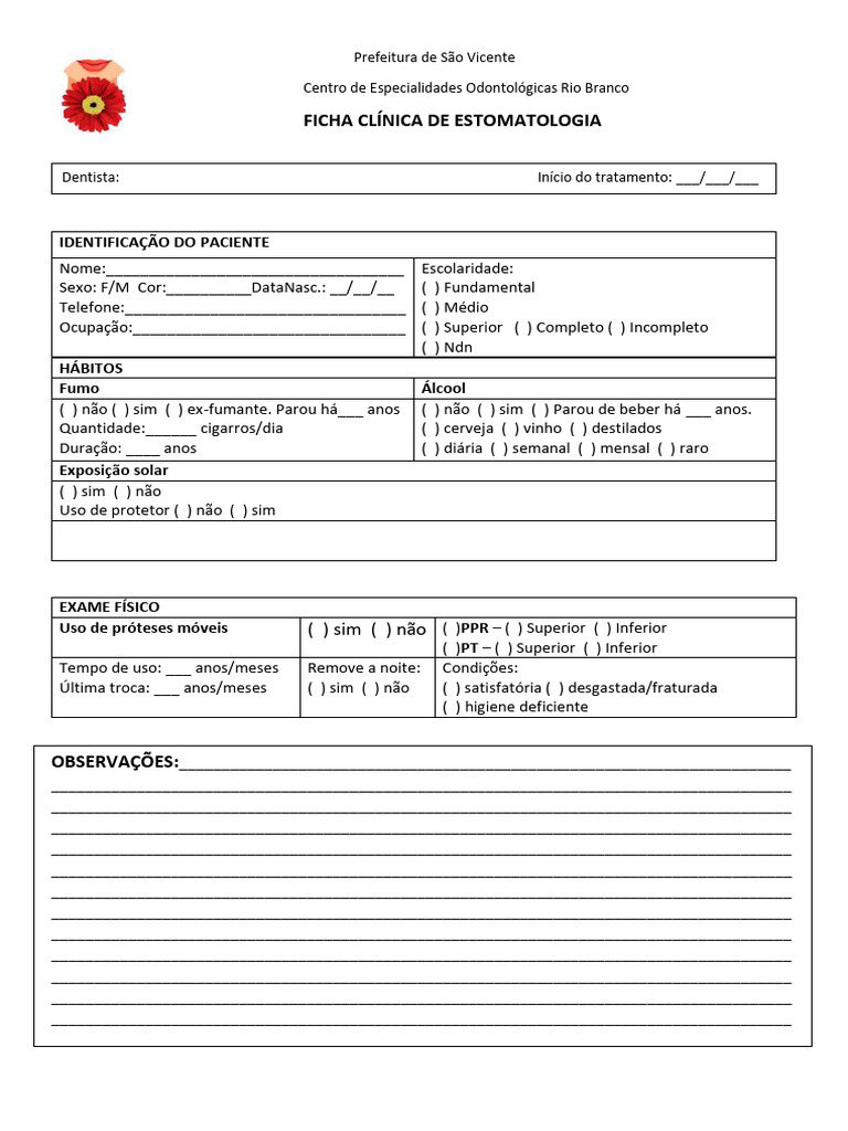 Ficha Cl nica De Estomatologia S o Vicente PDF Odontologia 