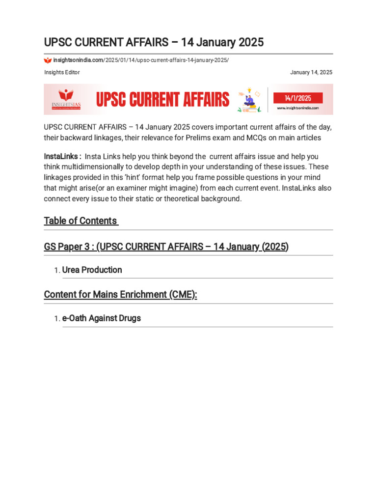 Upsc Current Affairs - 14 January 2025 | PDF