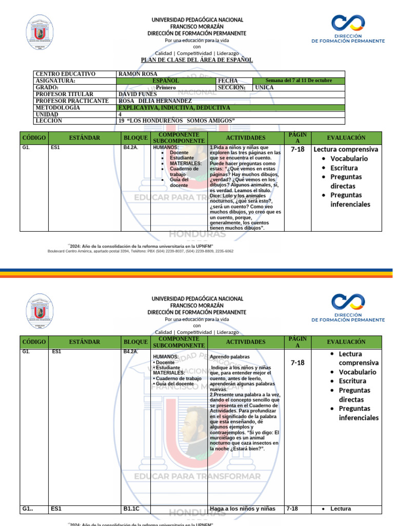 Plan de Clase de Español para Primer Grado | PDF | Maestros ...