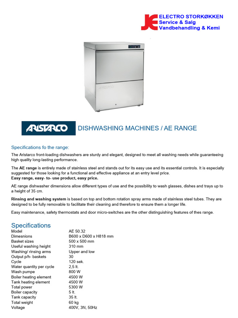 Aristarco AE 50.32 Dishwasher Specs | PDF