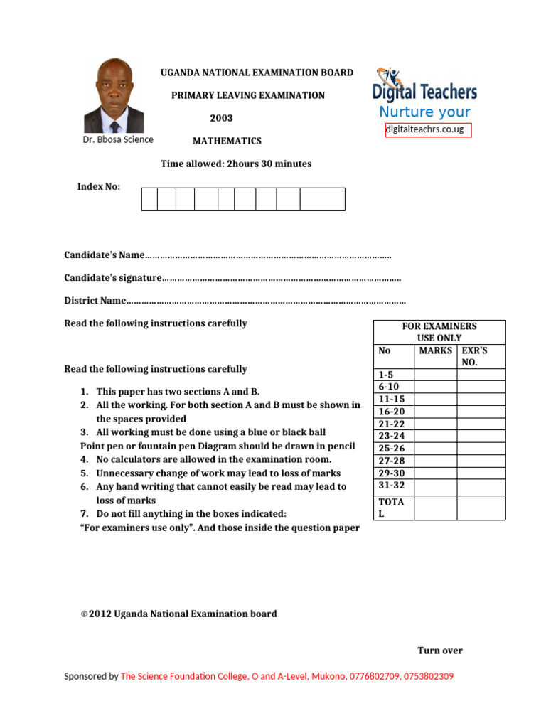 Uganda 2003 Primary Leaving Exam Math | PDF | Lever | Water