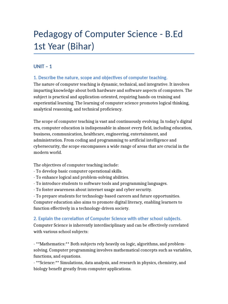 Pedagogy of Computer Science for B.Ed. | PDF | Educational Technology ...