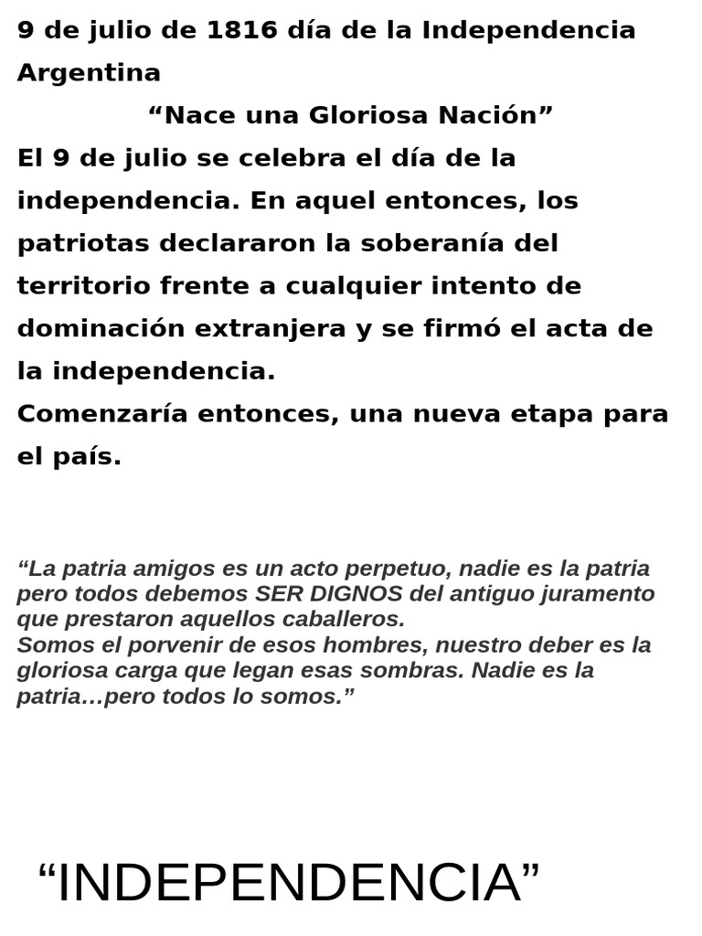 9 de Julio de 1816 Día de La Independencia Argentina | PDF