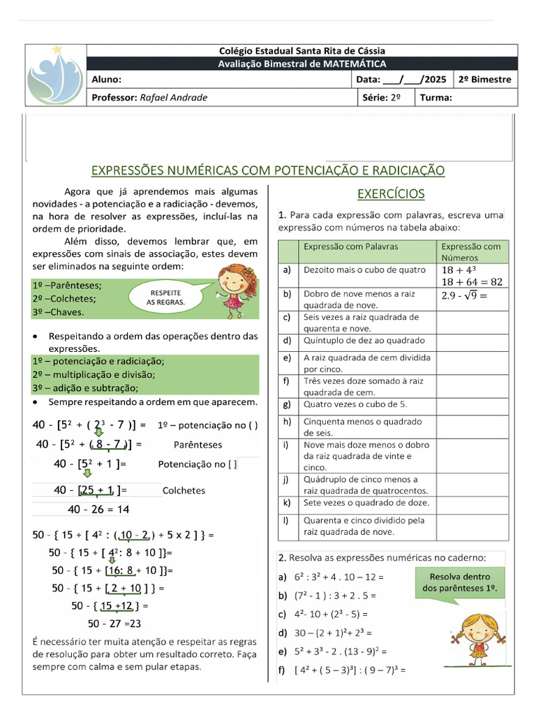 7°ano Trabalho Expressões Numérica, Números Inteiros | PDF