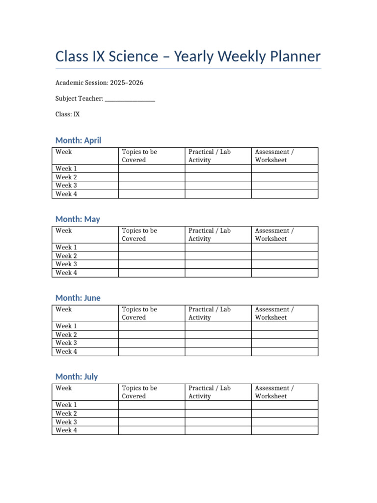 Class IX Science Yearly Planner 2025-26 | PDF