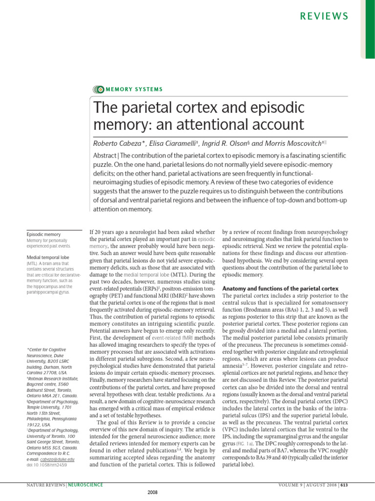 Parietal Cortex's Role in Episodic Memory | PDF | Parietal Lobe | Memory