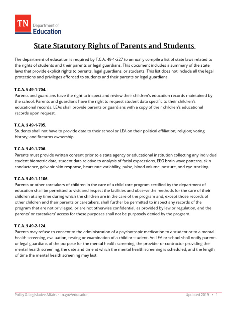 Tennessee Student Rights Summary | PDF | Special Education | Teachers