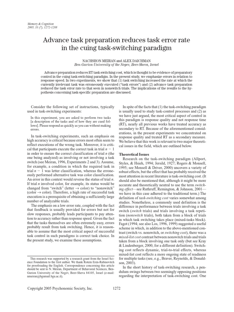 Advance Preparation Reduces Task Errors | PDF | Cognitive Science ...