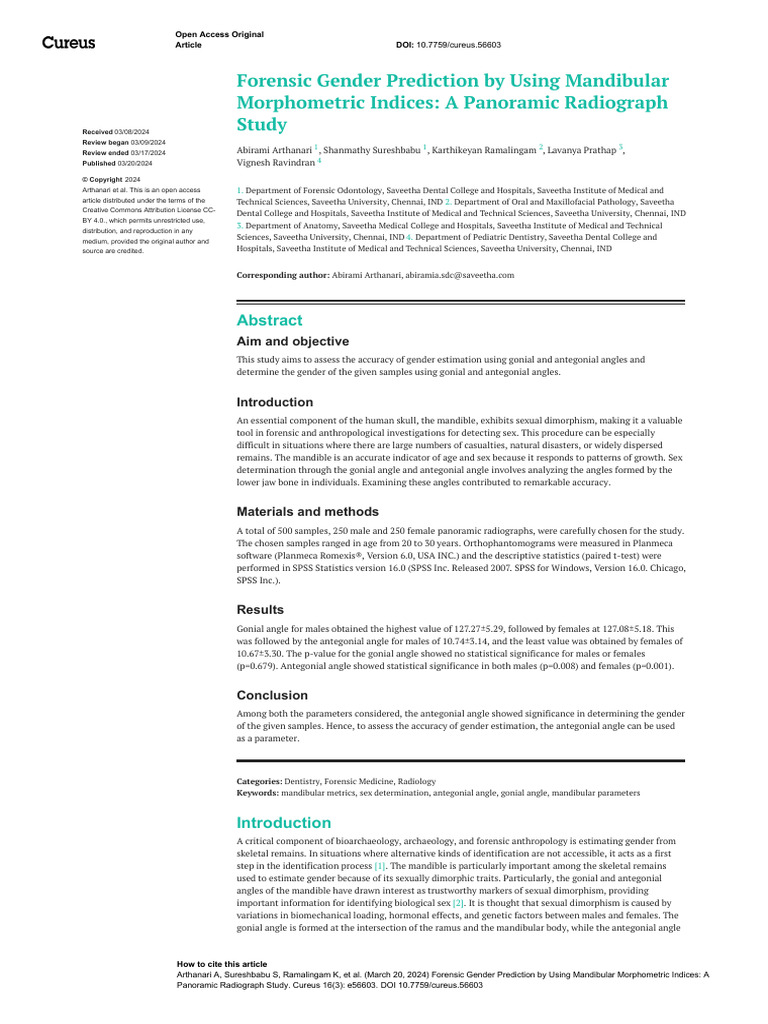 Forensic Gender Prediction by Using Mandibular Morphometric Indices ...