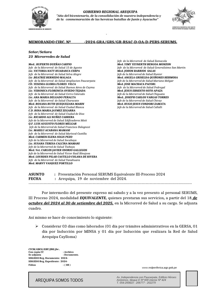 2024-Memo A Micro Carta de Presentacion Serums III Sorteo Equivalentes ...