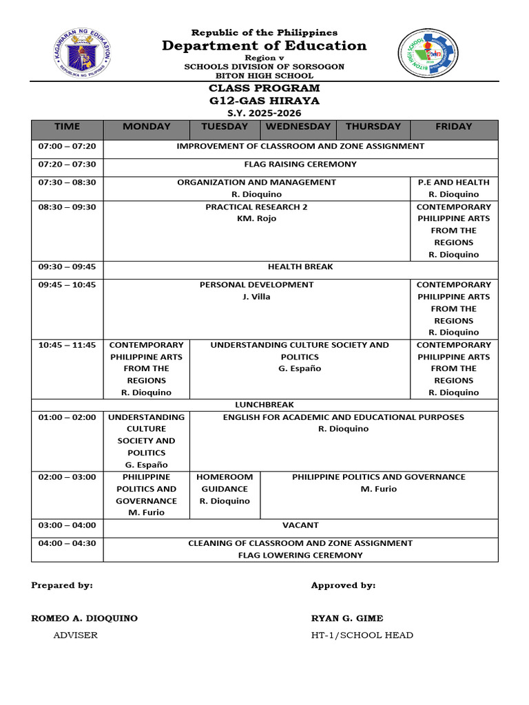 Class Program Grade 12 Hiraya - 092852 | PDF