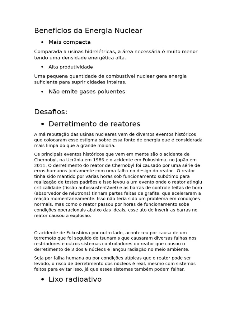Vantagens e Desafios da Energia Nuclear | PDF | Reator nuclear ...
