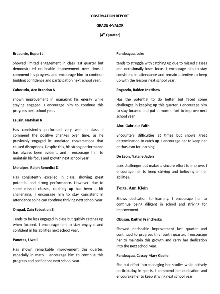 Grade 4 Student Observation Report | PDF