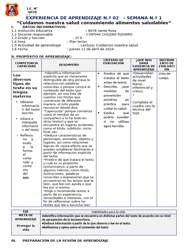 11 de Abril Plan Lector-cynthia | PDF | Aprendizaje | Psicología cognitiva