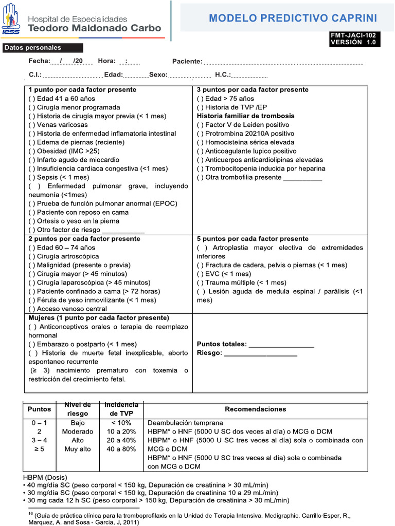 Modelo Predictivo Escala Caprini | PDF