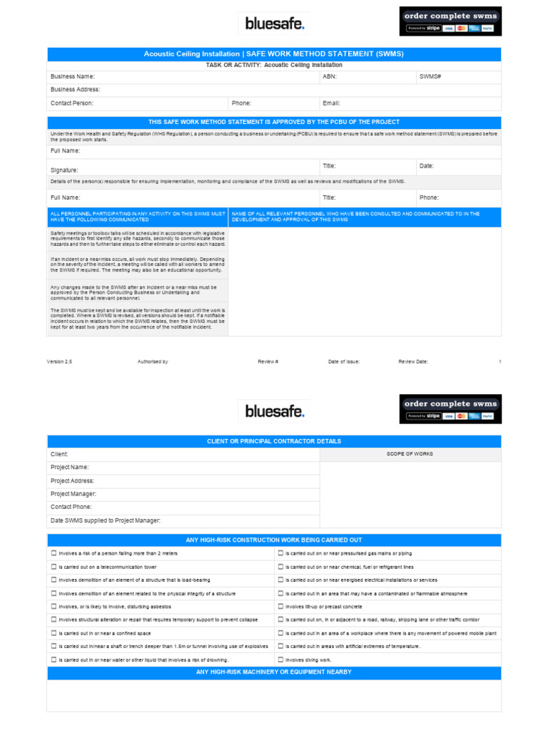 Acoustic Ceiling Installation SWMS Guide | PDF | Personal Protective ...
