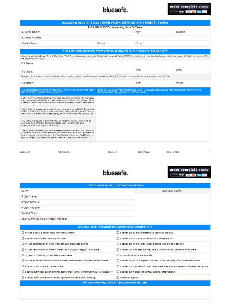 Accessing Silos or Tanks Safe Work Method Statement SWMS | PDF ...