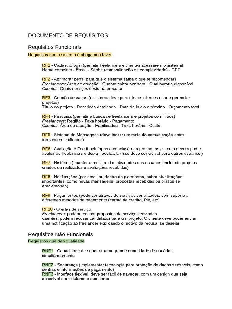 Requisitos para Plataforma de Freelancers | PDF | Trabalhador autônomo ...