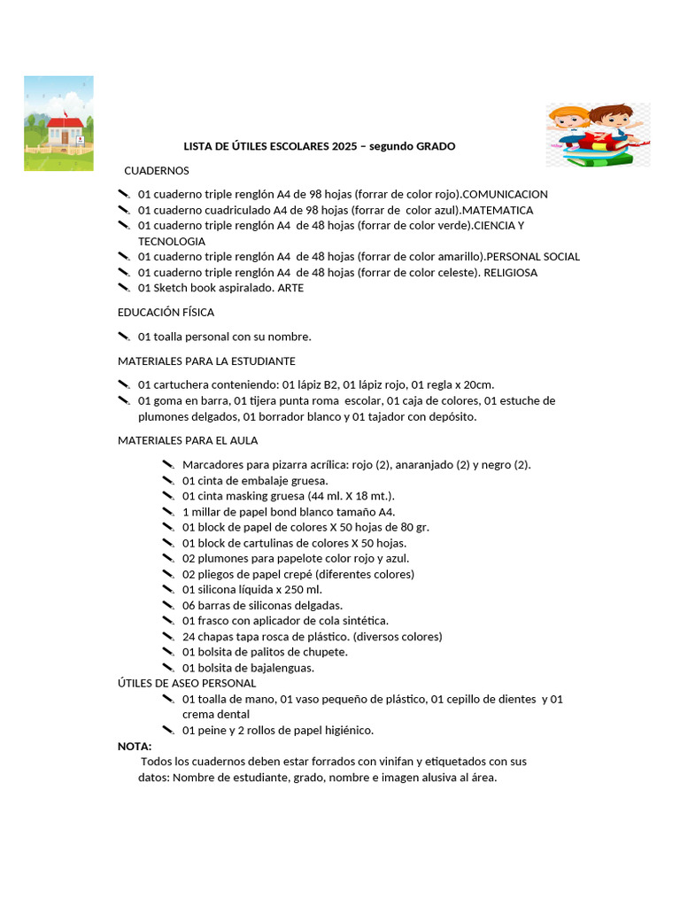 Útiles Escolares 2025: Segundo Grado | PDF