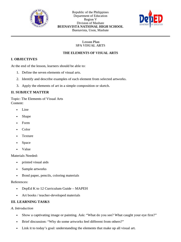 Elements of Visual Arts LP | PDF | Lesson Plan | Composition (Visual Arts)