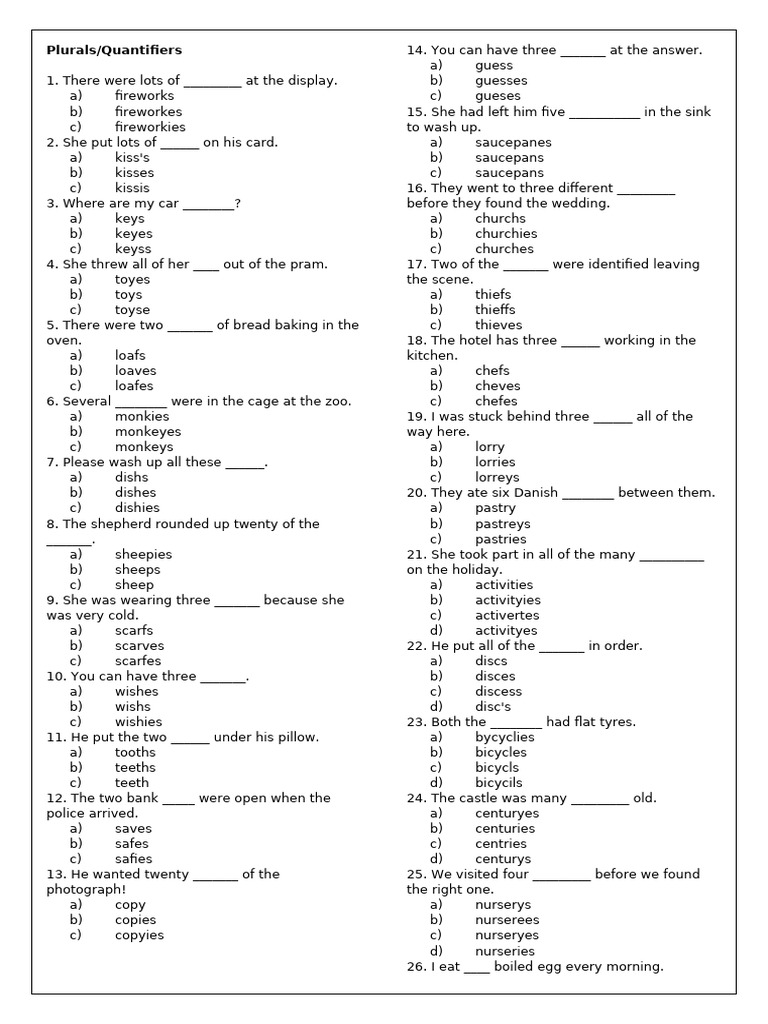 Plurals and Quantifiers Practice Quiz | PDF | Lemonade | Foods