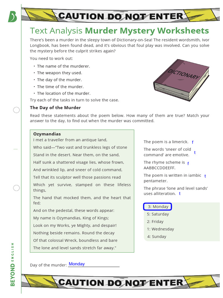 Murder Mystery Text Analysis Worksheets | PDF | Poetry | Stanzaic Form