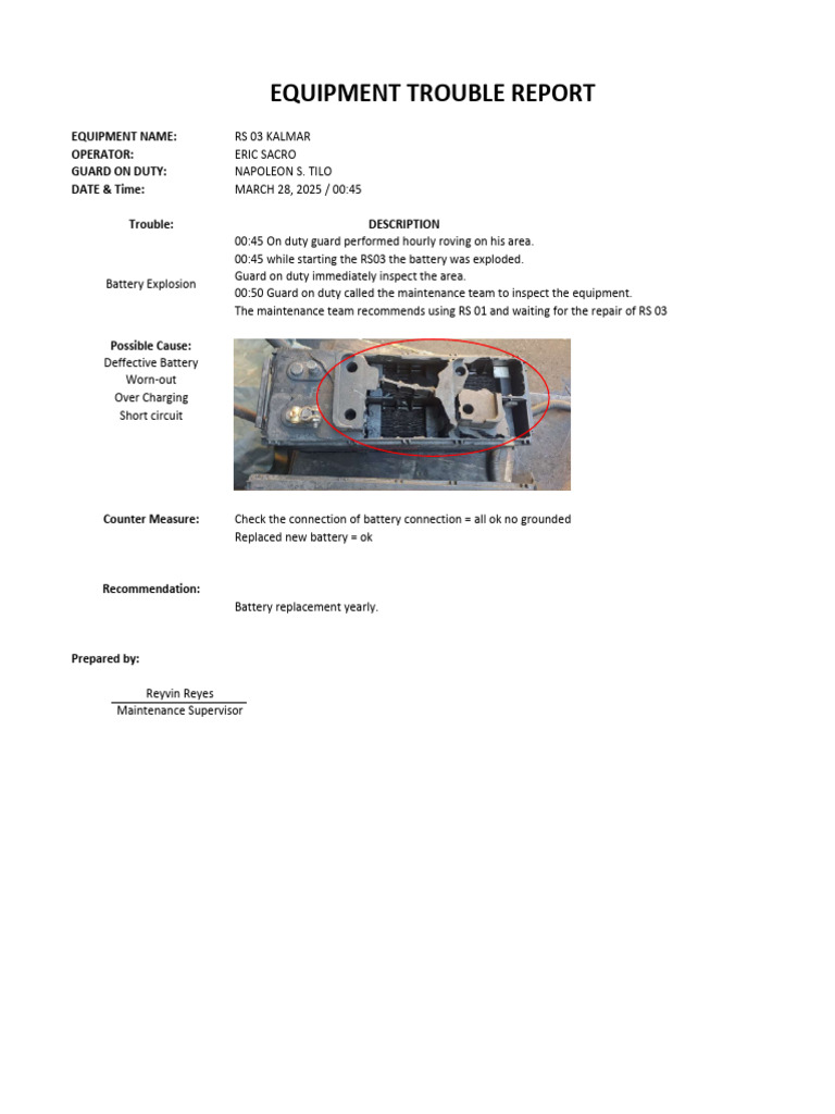 RS 03 Kalmar Equipment Trouble Report | PDF