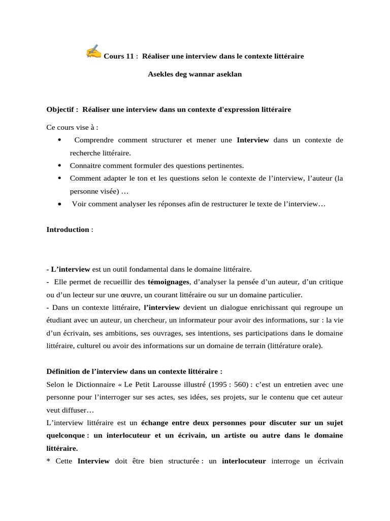 Interview littéraire : Guide pratique | PDF