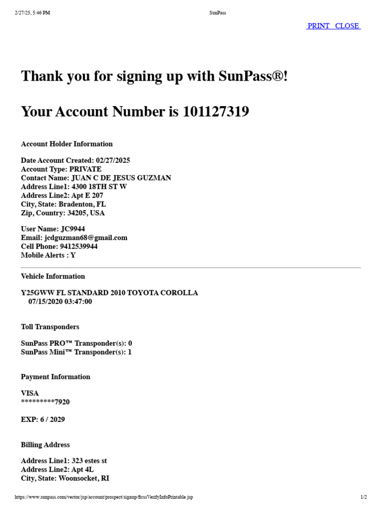 SunPass Account Confirmation Details | PDF
