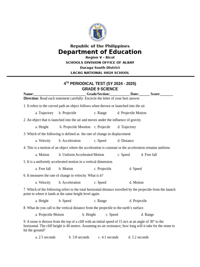 Grade 9 Science Periodical Test: Projectile Motion | PDF | Collision ...