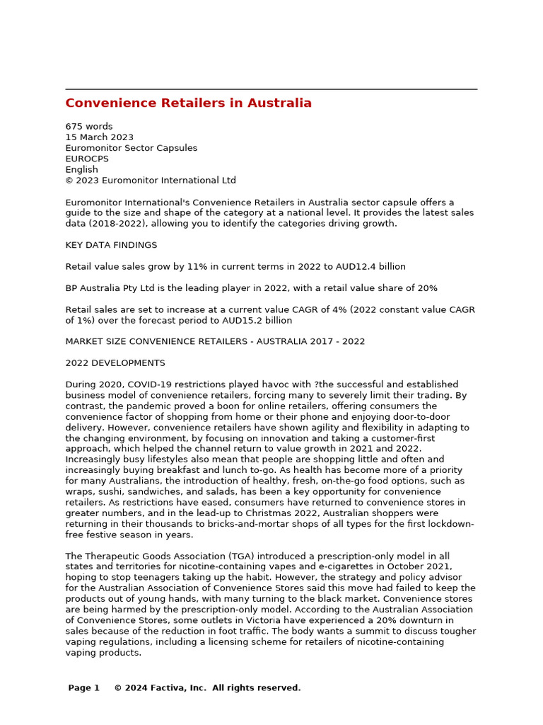 Australia Convenience Retail Industry | PDF | Retail | Convenience Store
