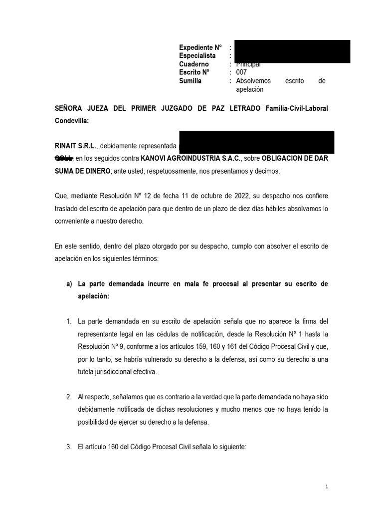 Escrito de Absolución de Apelación | PDF | Demanda judicial | Apelación