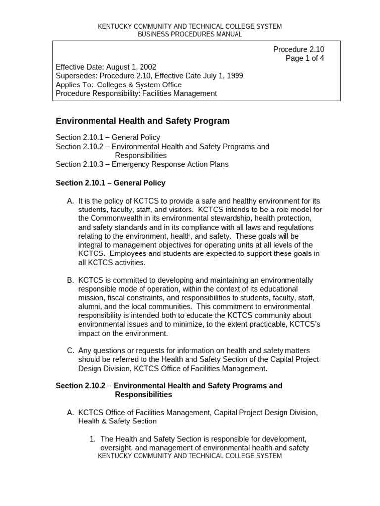KCTCS Environmental Health & Safety Policy | PDF | Occupational Safety ...
