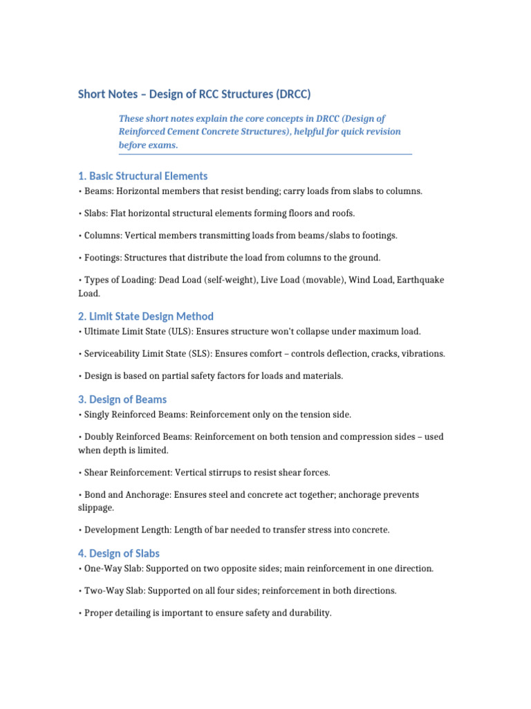 Short Notes on RCC Design Principles | PDF | Beam (Structure ...