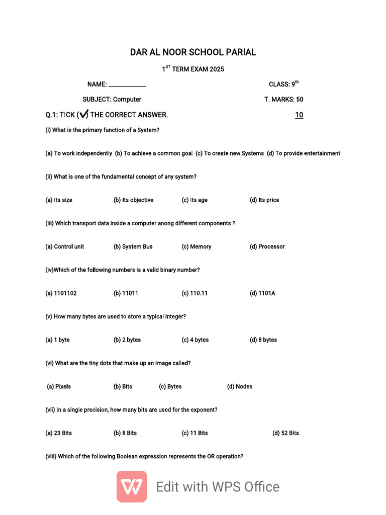 Class 9 Computer Exam Paper 2025 | PDF | Logic Gate | Boolean Algebra