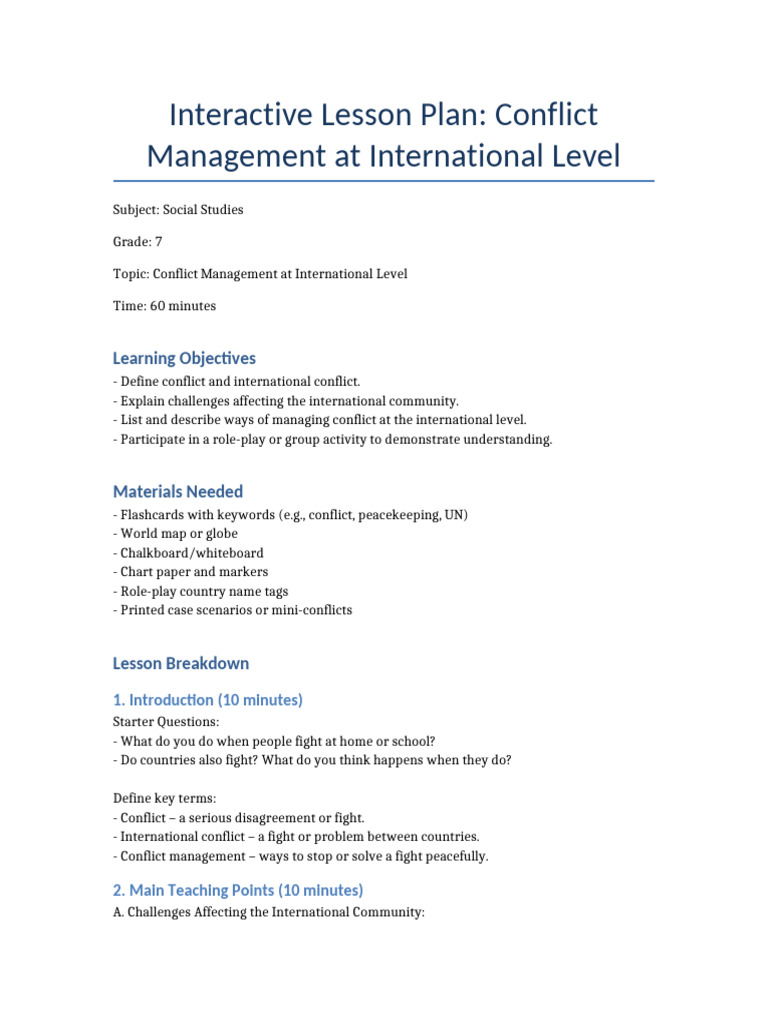 International Conflict Management Lesson Plan | PDF | Learning ...