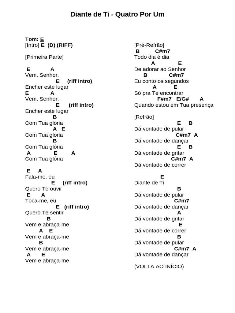 Letra da Música "Diante de Ti" - Quatro Por Um | PDF