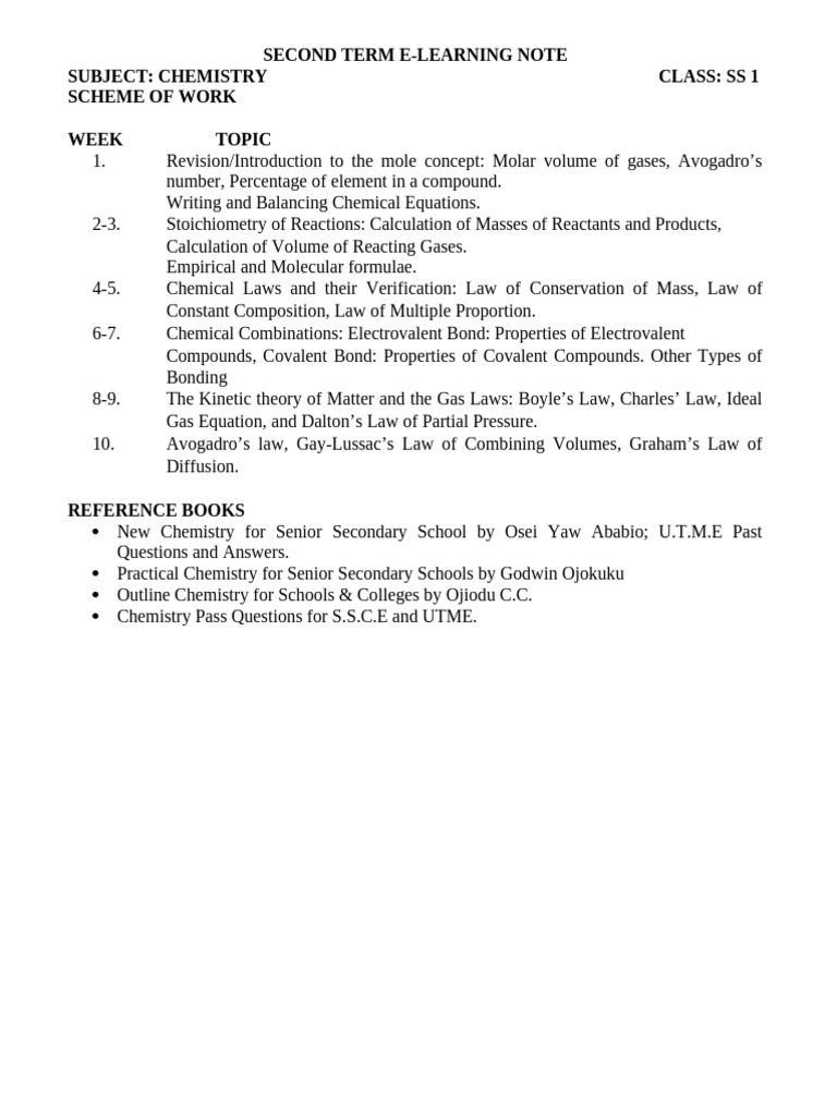 SS1 Chemistry E-Learning Notes | PDF | Chemical Bond | Gases