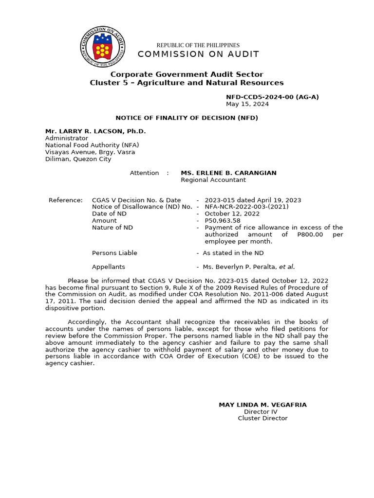 Final Decision on NFA Rice Allowance Disallowance | PDF